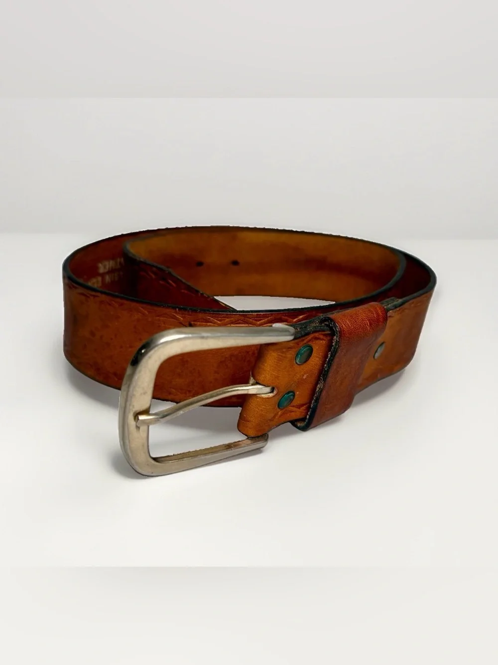 VTG Devonshire 34 1.5” Moccasin Elk Leather Belt Top Grain Silver Brass Buckle